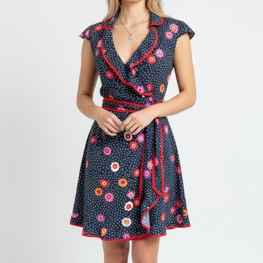 Modcloth Daytime Dapper Navy Floral Polka Dot Red Trim Mini Wrap Dress | Size XS